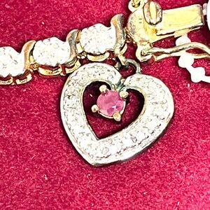 New 18k over Sterling Diamond & Ruby Charm Bracelet